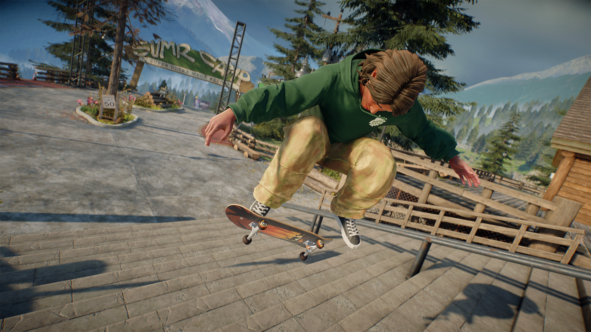 A skater performing a trick above a wooden boardwalk in skate.